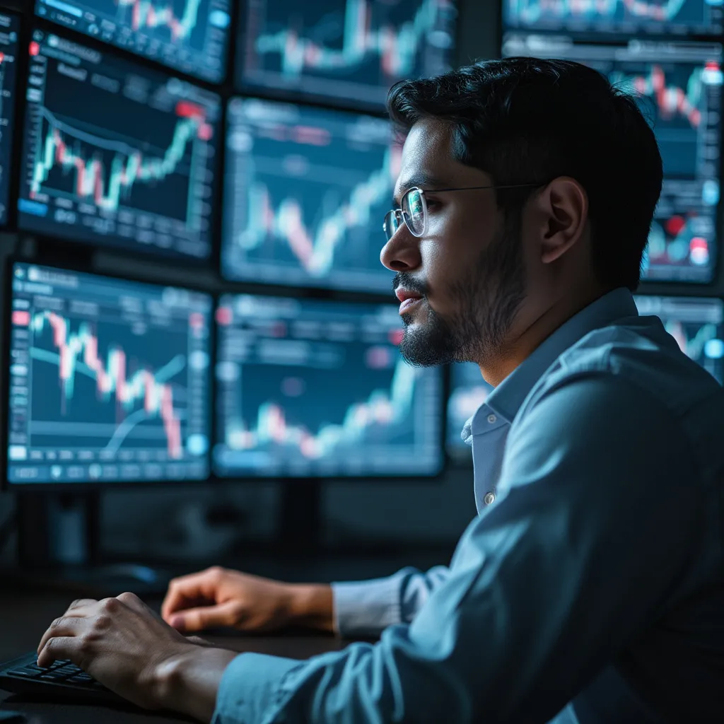Analista financiero trabajando con gráficos y datos en múltiples pantallas.