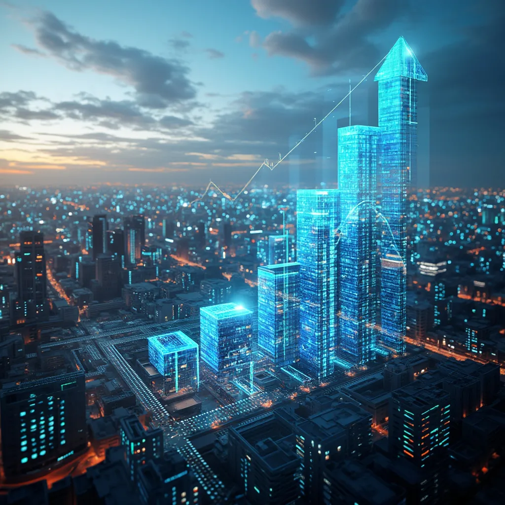 Concepto visual de un futuro financiero brillante con gráficos ascendentes sobre un paisaje urbano.